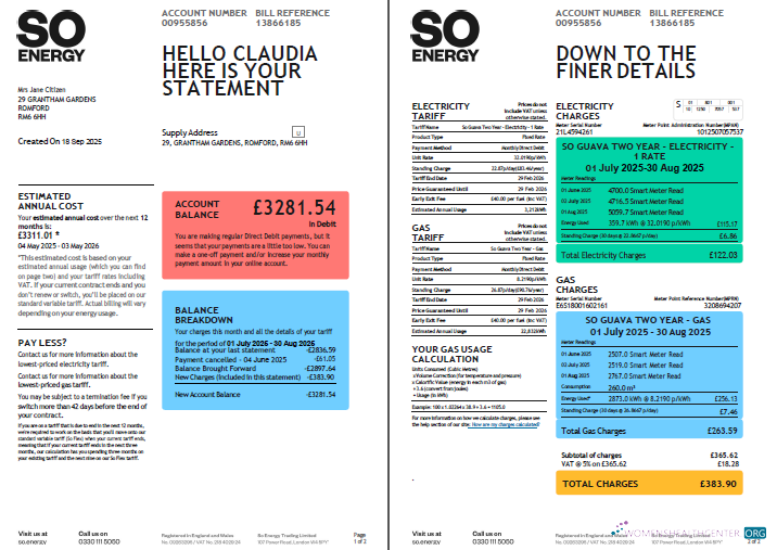 download United Kingdom So Energy utility bill template in Word and PDF formats, 2 pages, version 2 PDF template